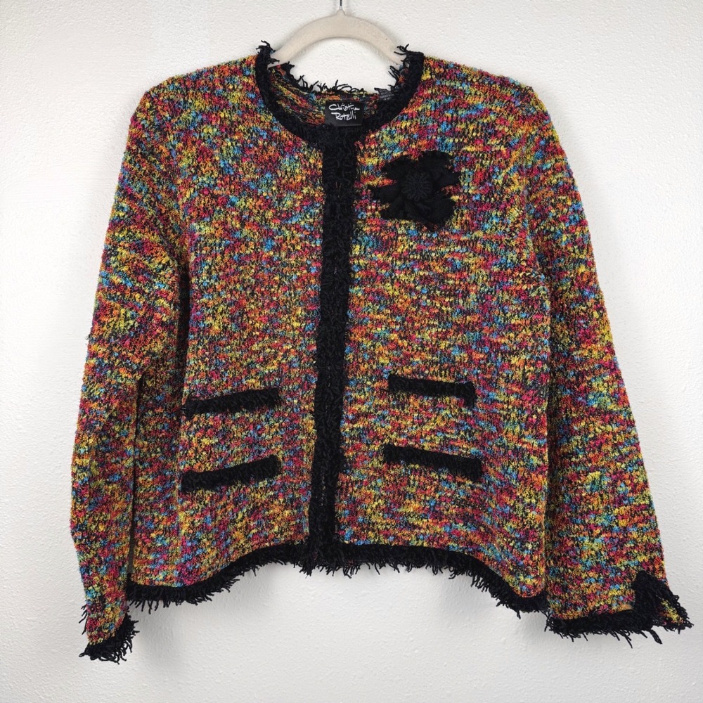 VTG NWT Christine Rotelli Bright‎ Multicolor Fringe Tweed Jacket Flower Large